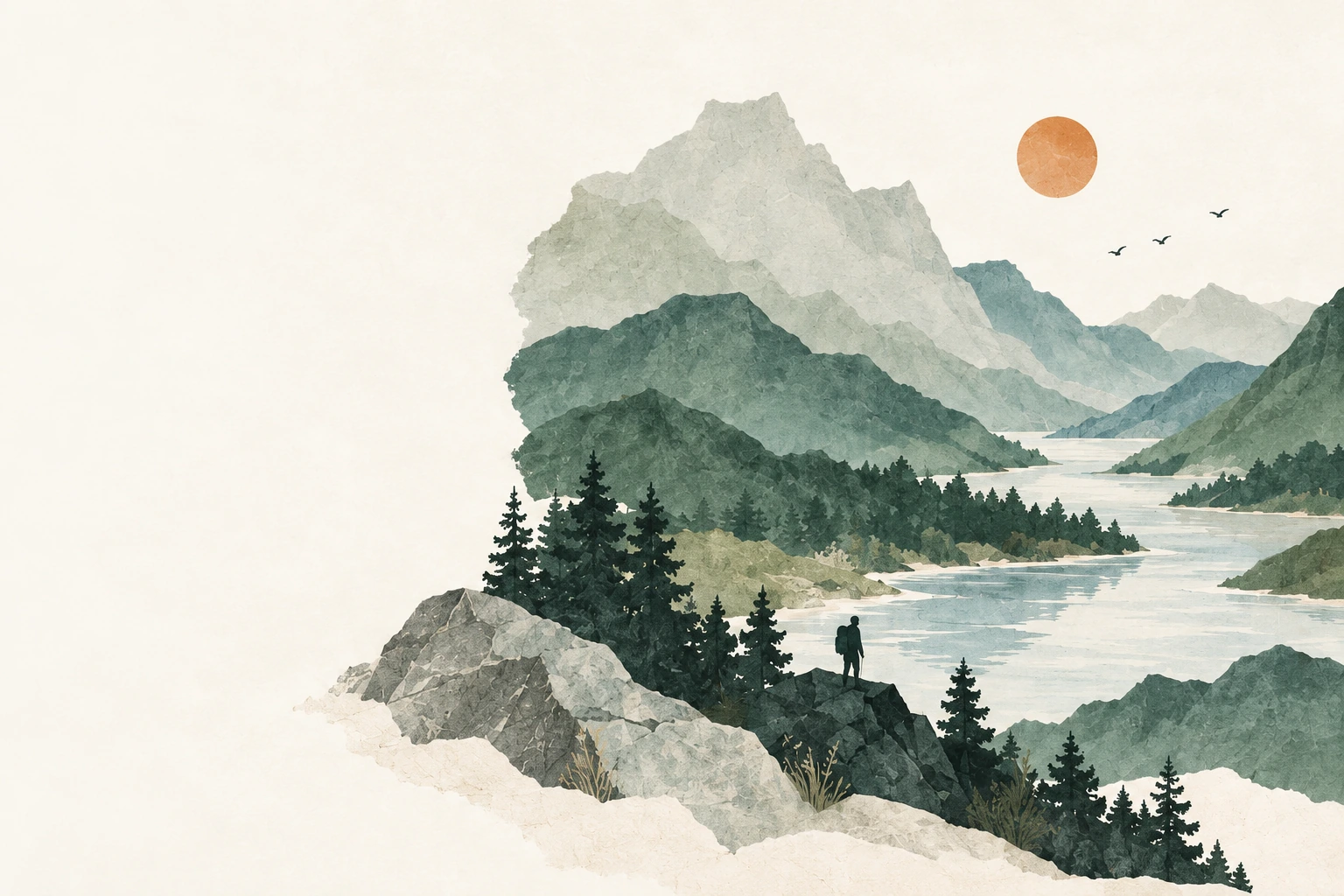 层叠青山与蜿蜒河流间，一位旅人静静眺望远方